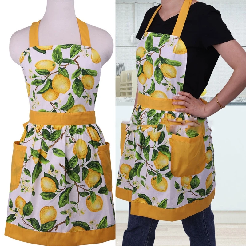 Green Leaves Lemon Kitchen Apron with Pockets No Sleeve Hanging Neck Waist Strap for Adults Women Cooking Painting Gardening Bib