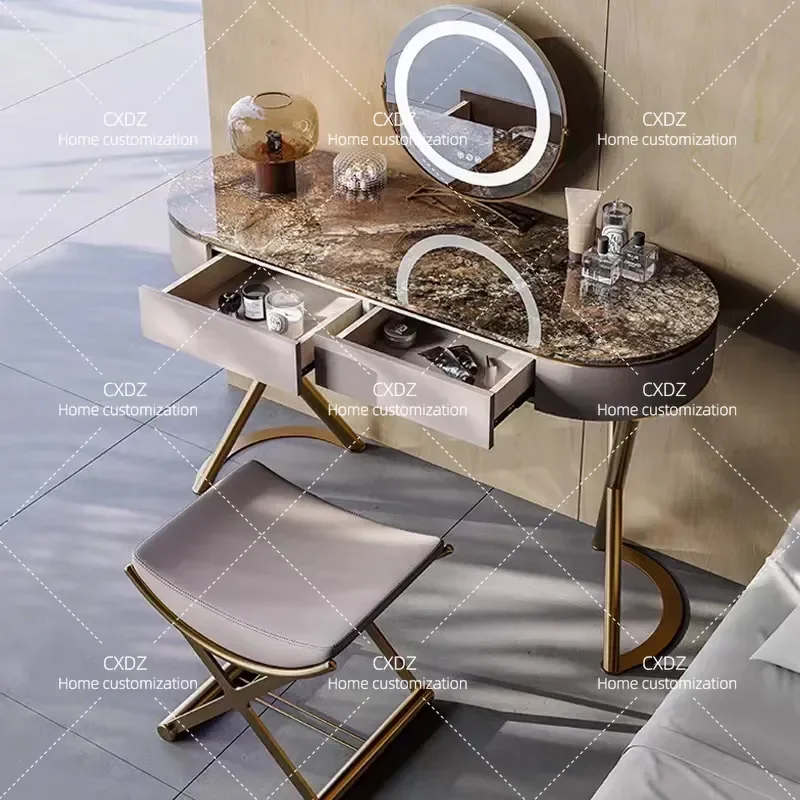 Modern Italian Luxury Dresser with Rock Slab Top Makeup Table Integrated Storage Cabinet for Small Apartment Bedroom