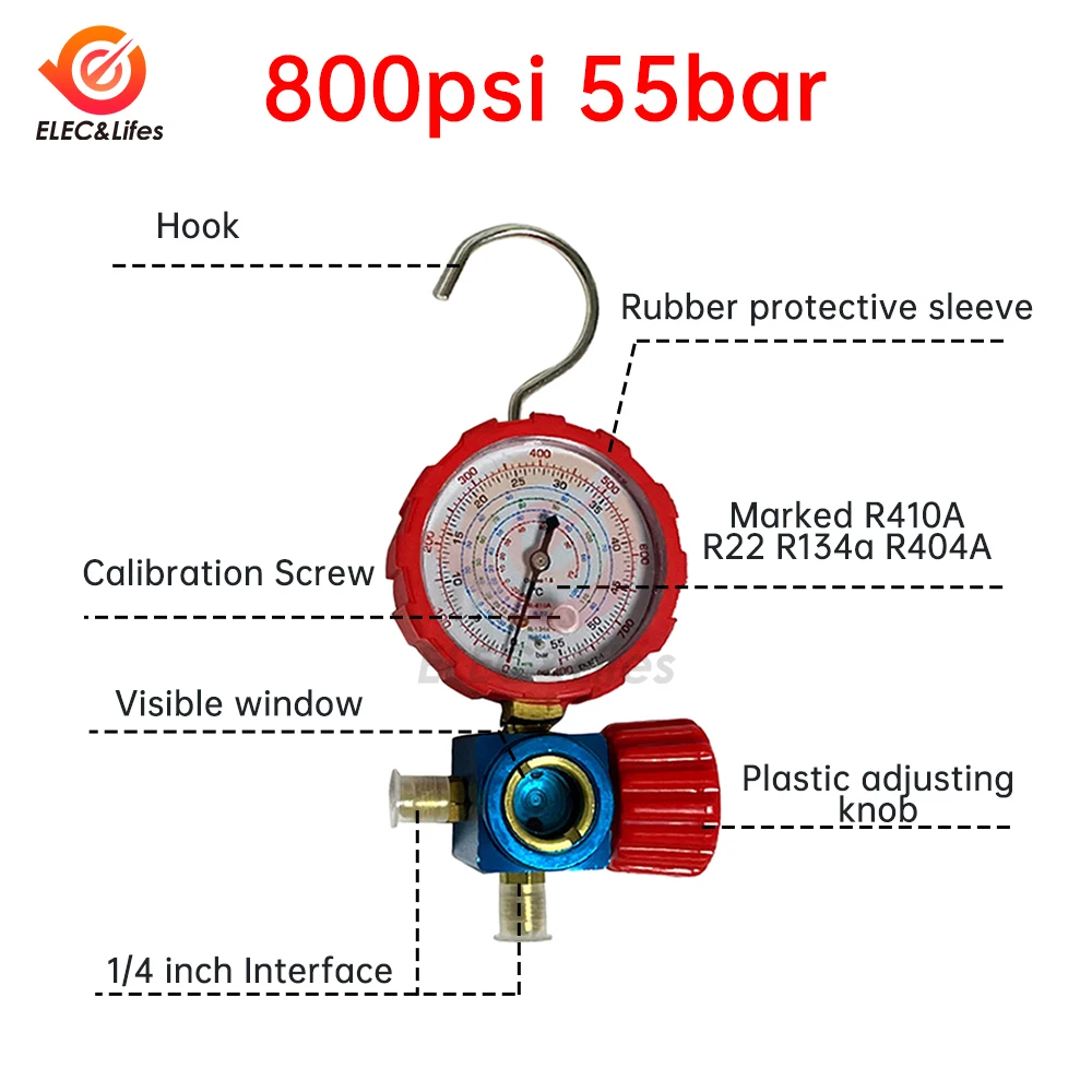 Air Conditioner Refrigerant Low and High Pressure Gauge for R410A R134A R22 R404A A/C Diagnostic Refrigerant Charging Tool