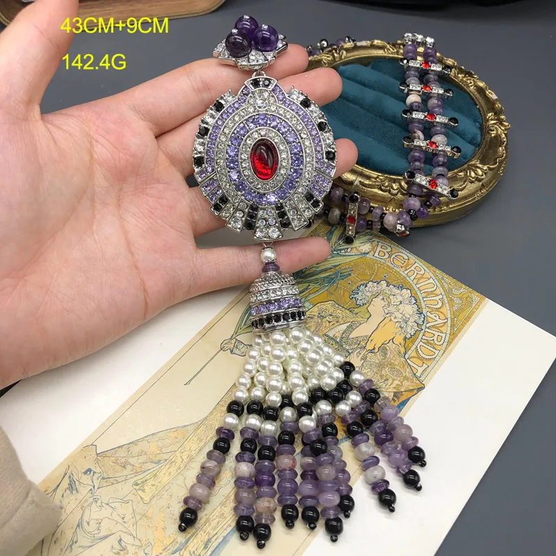 Vintage Amethyst Pearl Necklace Long Tassel Diamond Shoulder-Sweeping Earrings Versatile Jewelry Set Birthday Gifts for Women