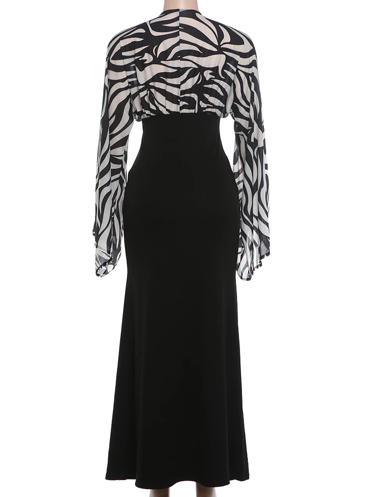 Weird Puss Kleid mit Zebra-Print und Patchwork-Design, Damenmode, sexy, tiefer V-Ausschnitt, Netzstoff, Puffärmel, gerafftes, schickes Abendkleid für Partys und Clubs, figurbetont. – Detail 5