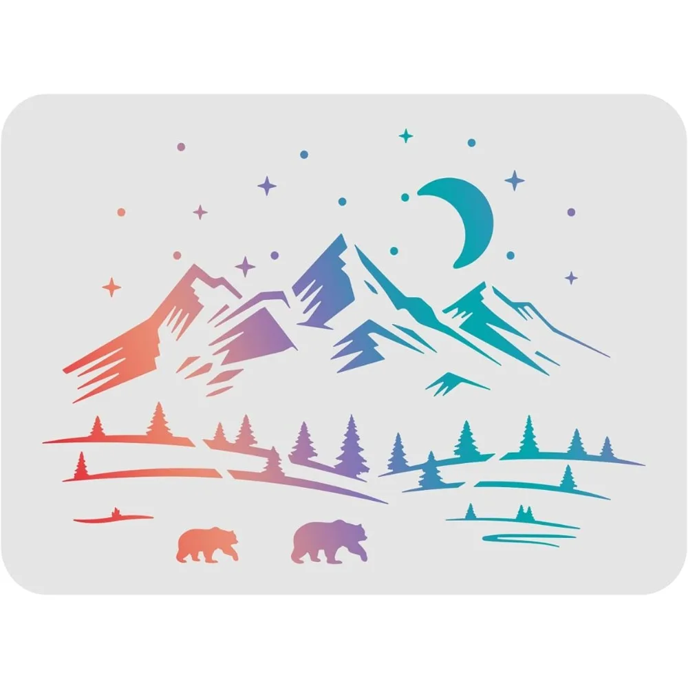 Momma Bear Cub Snowy Mountain Painting Stencils Templates 11.6x8.3 Inch Pine Trees Reusable Stencils DIY Signs for Painting