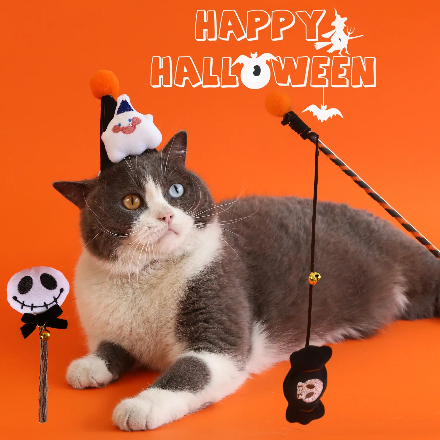 

Pet Cat Halloween Three Piece Set Cartoon Hat Ghost Puzzle Stick Pumpkin Sound Teeth Grinding Stick Toy Gift