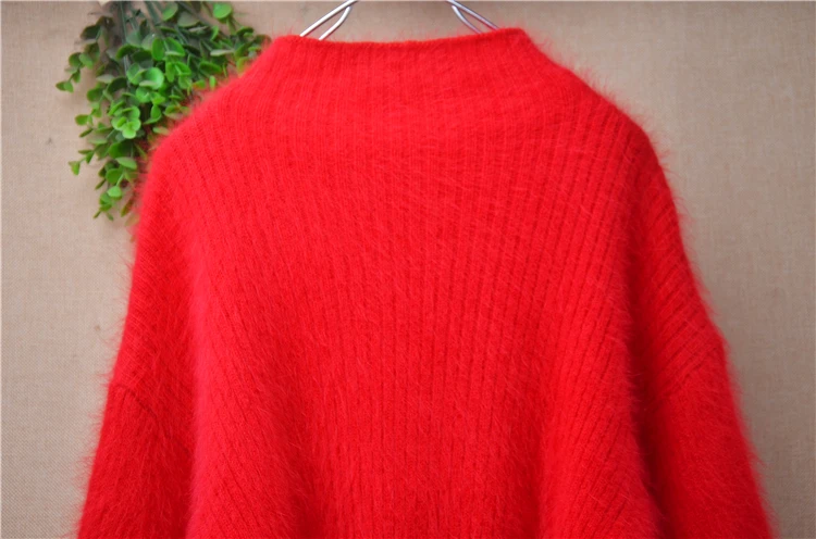 Women Super Fluffy Long Hair Mink Fur Sweater Mock Neck Lantern Puff Sleeve Oversized Loose Knit Pullover Bright Red Warm Winter