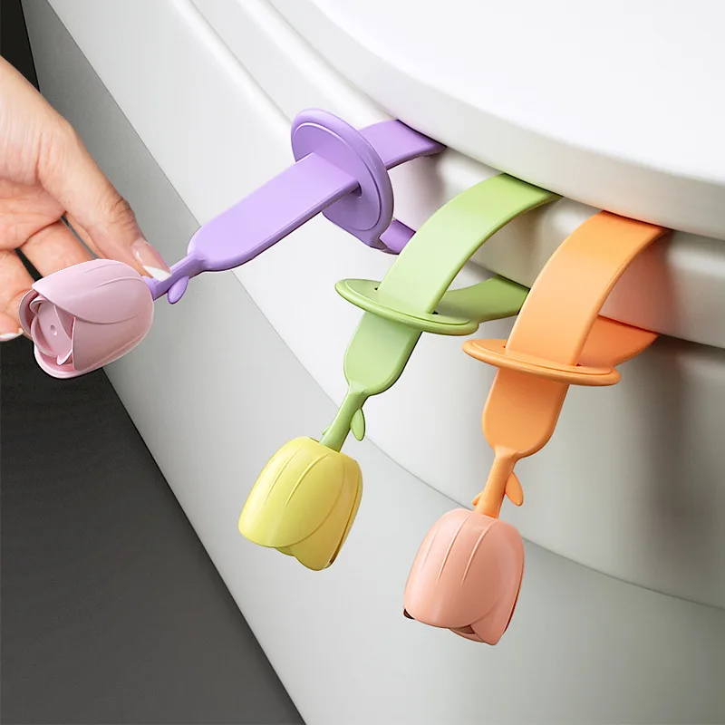 Ins Small Fresh Tulips Silicone Toilet Lid Lifter Handheld Anti-fouling Toilet Ring Lid Lifting Creative Bathroom Decoratives