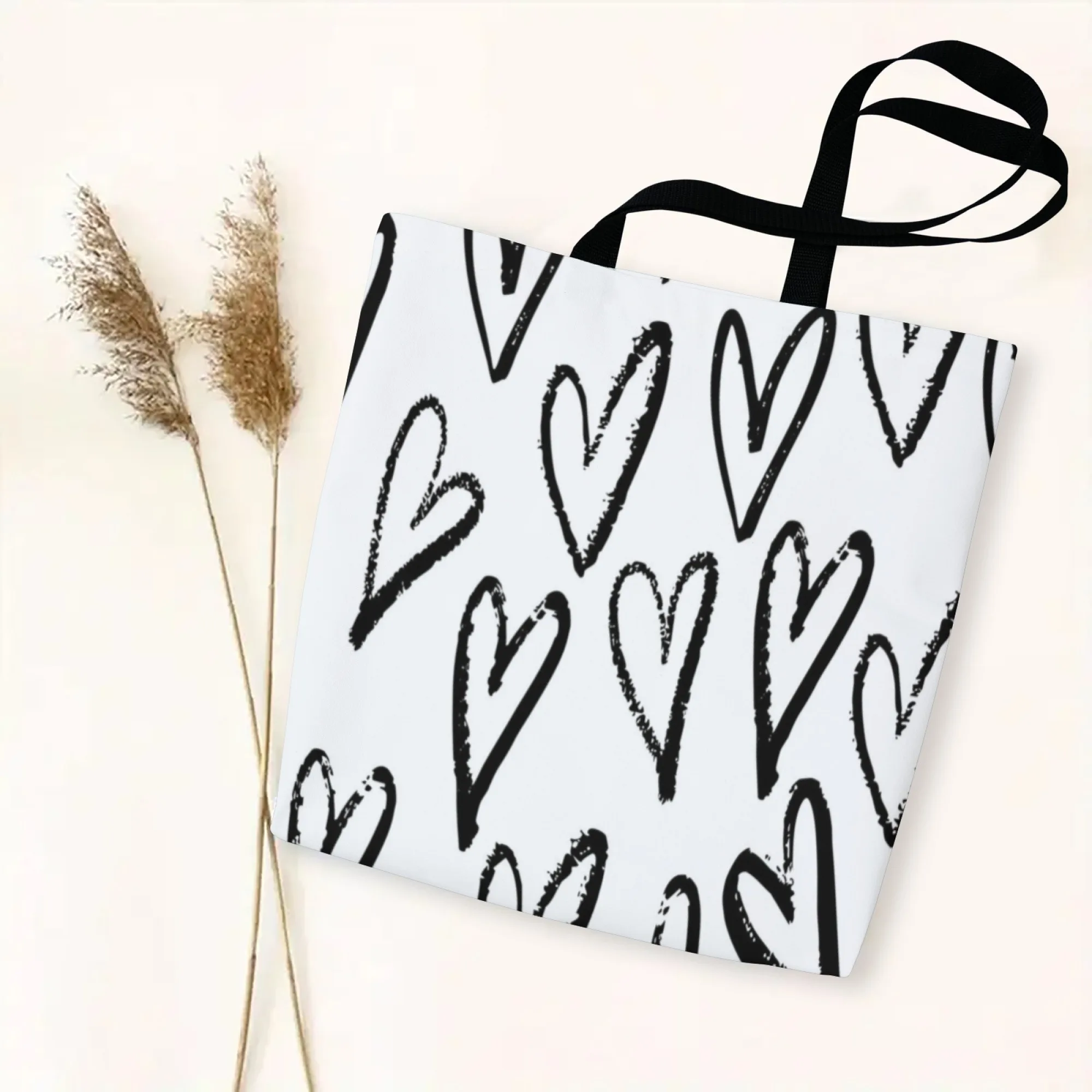 Graffiti Heart Style Women Canvas Tote Bag Lack & White Brush Stroke Heart Large Reusable Shopping Bag for Daily Romantic Trips
