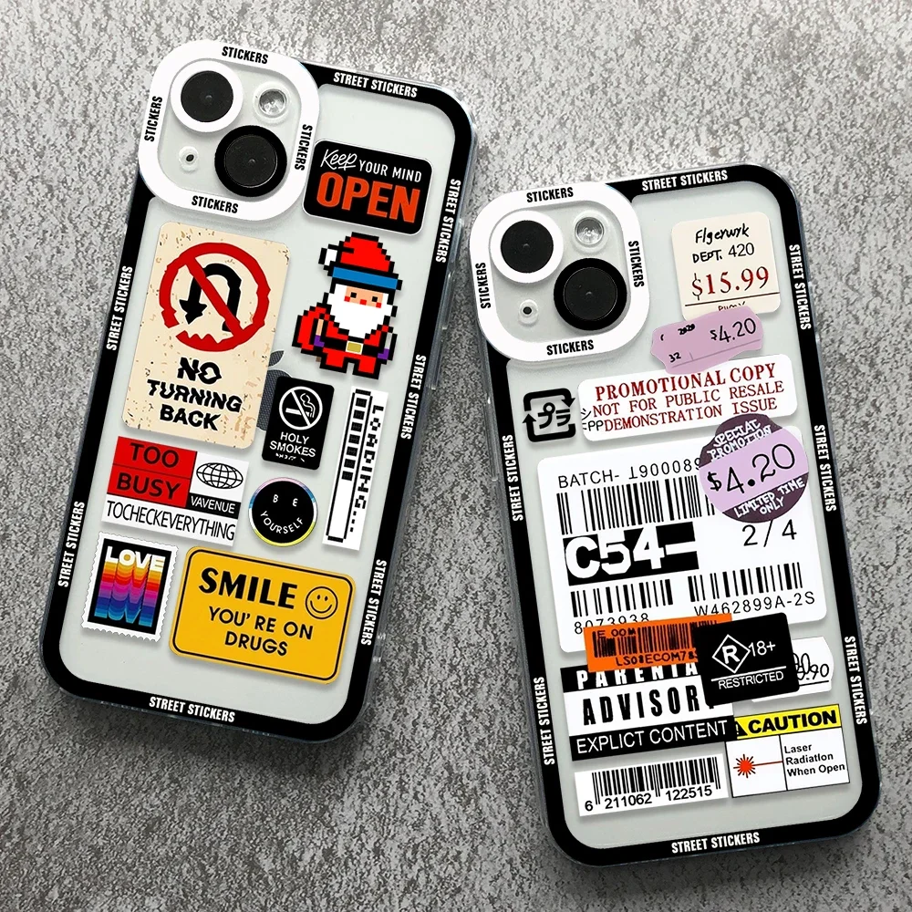 Funda de teléfono con pegatinas de moda urbana para iPhone 15 14 13 12 11 Mini Pro Max XS X XR SE 7 8 Plus, funda transparente