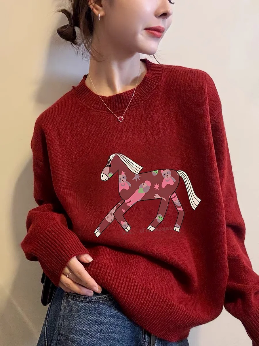 

Красный вязаный свитер женский свободного кроя с круглым вырезом, теплый топ для празднования Нового года, с мультяшным принтом, повседневный, с длинными рукавами, из полиэстера.