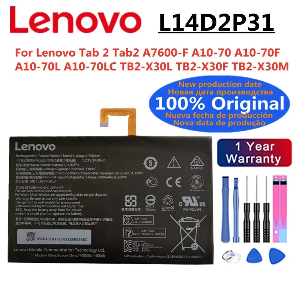 100% Original Tablet Battery L14D2P31 For Lenovo Tab 2 Tab2 A7600-F A10-70 A10-70F A10-70L A10-70LC TB2-X30L TB2-X30F TB2-X30M