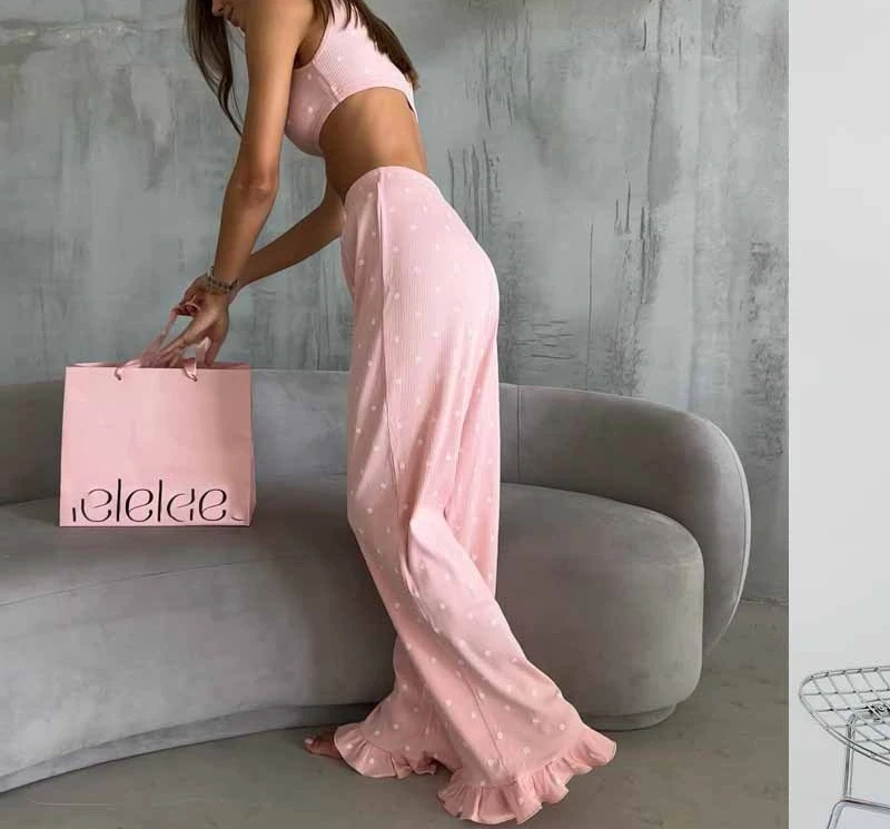 

2026 summer European and American style new printed knitted short top ruffle edge trousers two-piece set women's loungewear