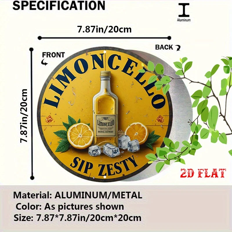 2D Flat - Round Aluminum Sign Featuring 2D Flat Ice Cubes, a Limoncello Theme, Measuring 7.87X7.87 Inches, Perfect