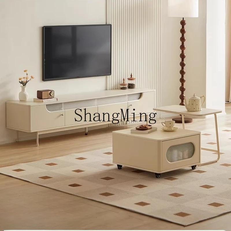 ZYYhome طاولة قهوة كريمية لغرفة المعيشة، شقة صغيرة منزلية جديدة، خزانة تلفزيون قابلة للإزالة #2