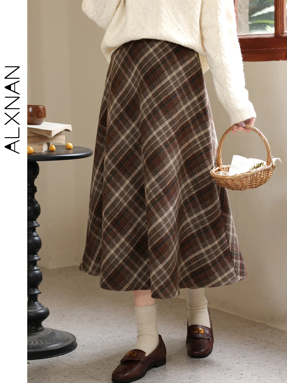 ALXNAN-Jupe plissée à carreaux vintage pour femme, ligne A, mi-longue, épaisse, garde au chaud, chic, nouvelle tendance, automne, hiver, LXN32097, 2024