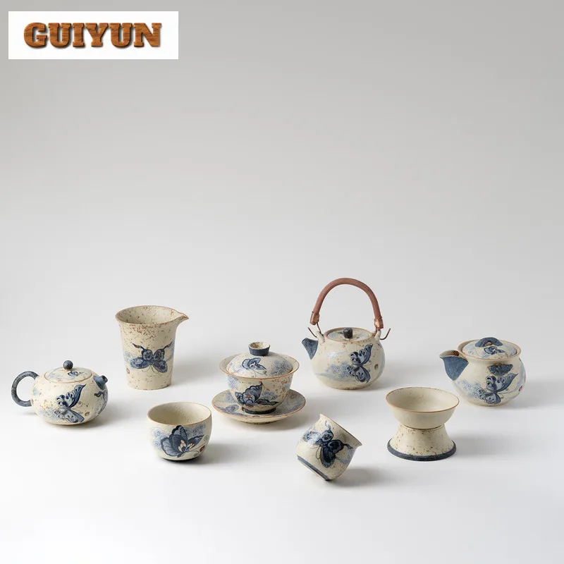 220 مللي الأزرق والأبيض النار الحجر الأحمر سحابة فراشة إبريق الشاي العتيقة الشاي المساعد على التحلل وعاء الشاي تخمير غلاية مع تصفية درينكوير هدية #6