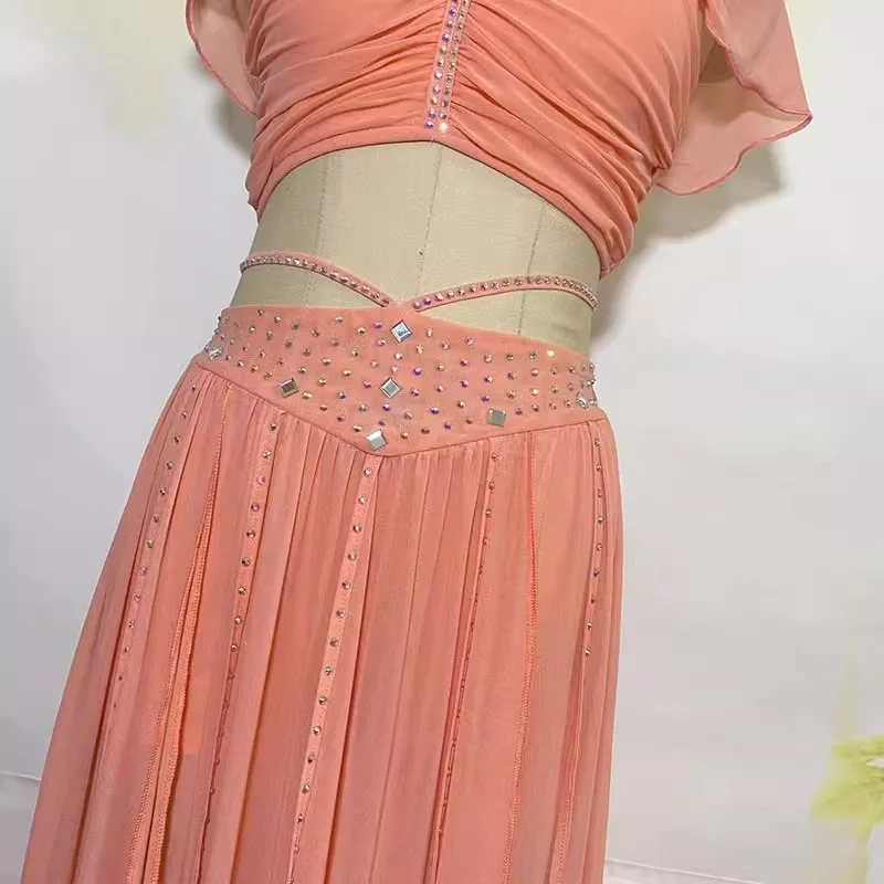 

Customized Belly Dance Costumes Women's Rhinestone Top Flowing Double Slit Mesh Skirt Practice Clothes