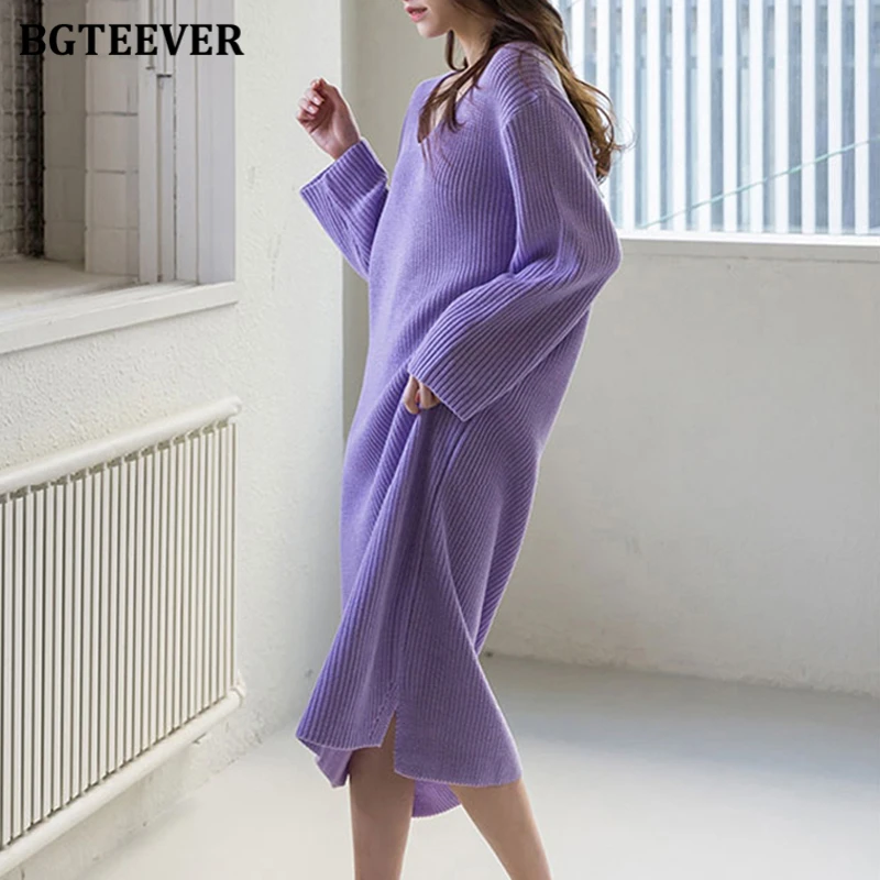 BGTEEVER Autumn Winter V-neck Loose Sweaters Dress Women Elegant Long Sleeve Side Split Oversized Female Knitted Dress vestidos