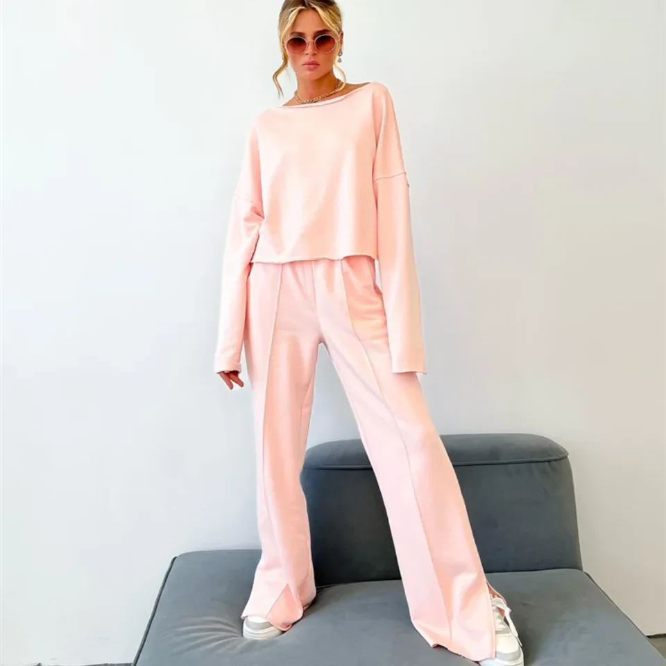 Spring New Solid 2 Piece Casual Home Suit Women Loose Round Neck Long Sleeved Pullover Top Elastic Waist Lace Up Trousers Set
