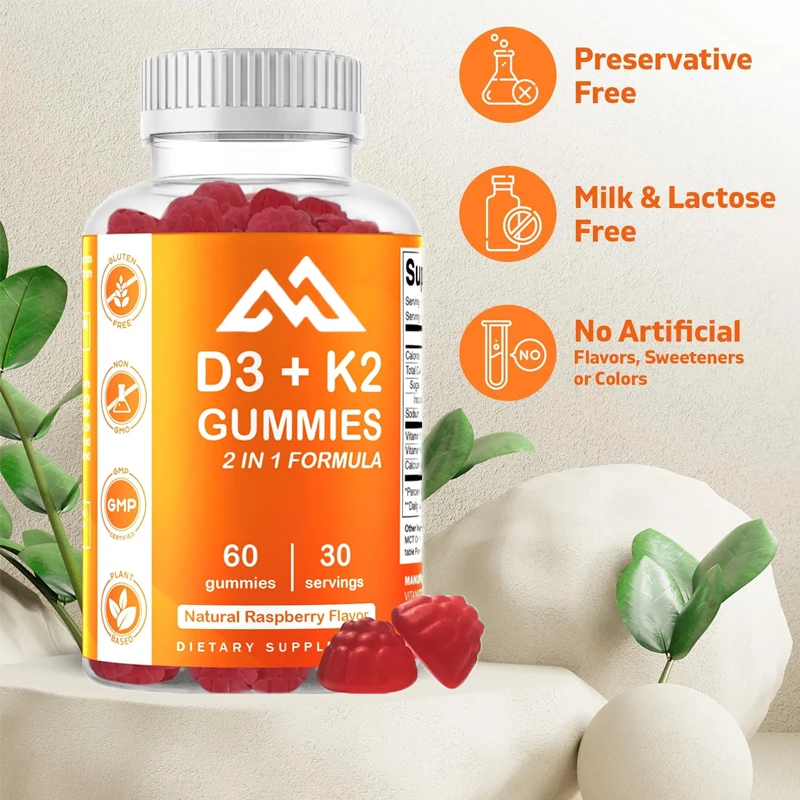 

Vitamin D3 K2 gummies support healthy bone, heart, and calcium absorption and immune health - plant-based, non GMO, gluten free