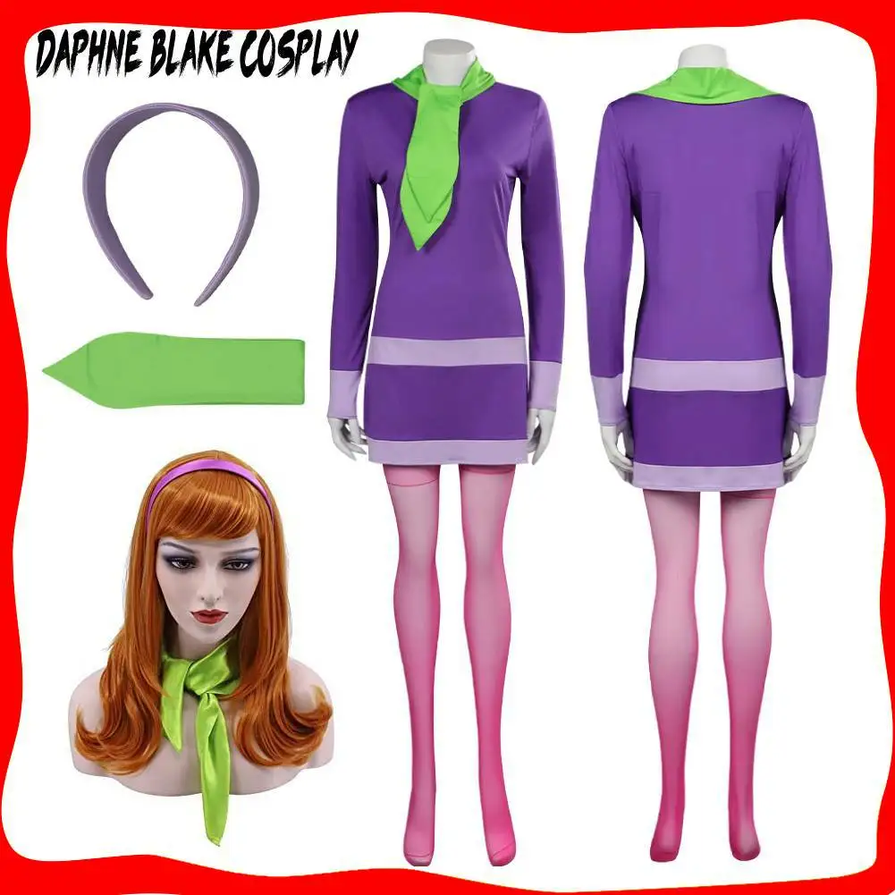 

Disguise Daphne Blake Cosplay Fantasy Roleplay Dress Headband Socks Tie Anime TV Sicoob Costume Girls Clothes Halloween Carnival