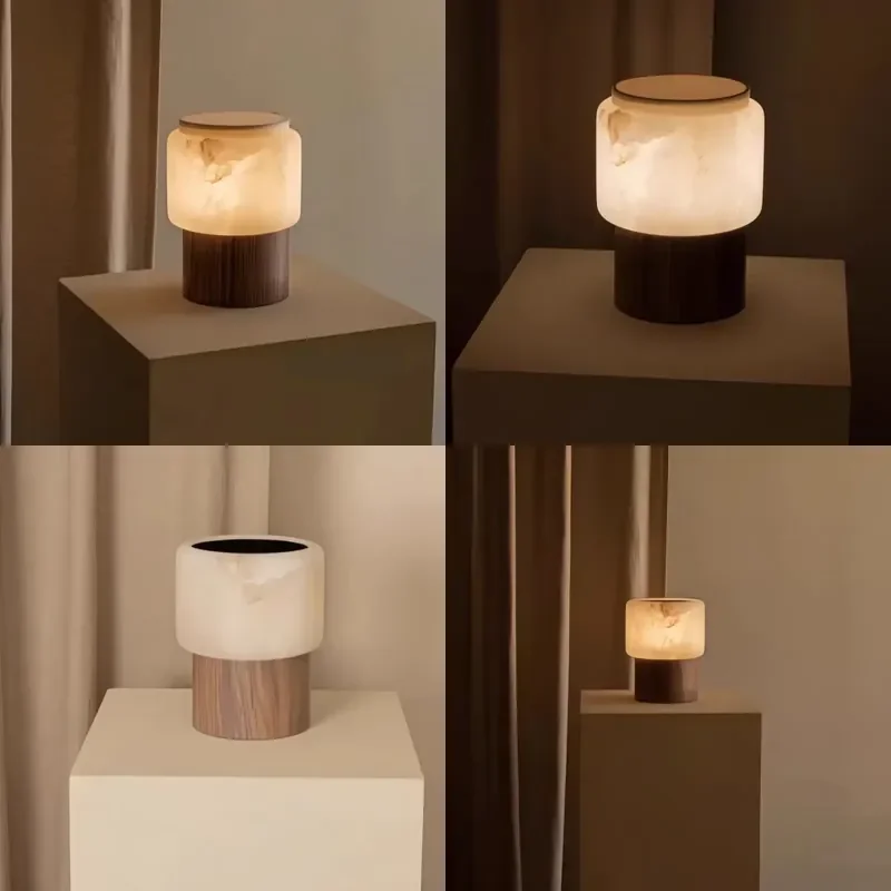 Natural Alabaster Table Lamp with Solid Walnut Base Handmade Stone Bedside Light for Bedroom Wabi Sabi Home Decor Accent
