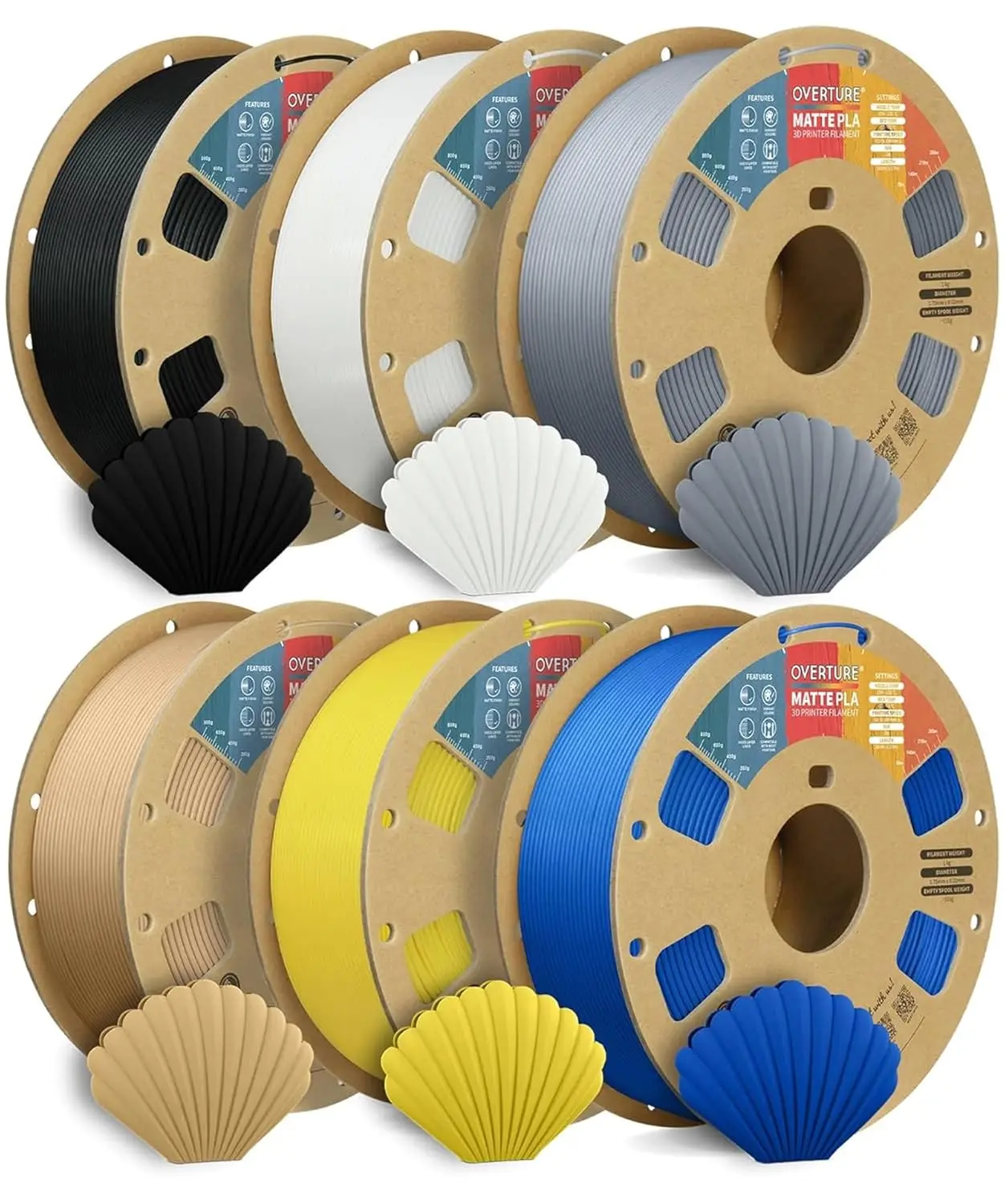 Matte PLA 3D Printer Filament 1.75mm, Low Warping, 6-Pack 1kg Spools for FDM Printers in Assorted Colors
