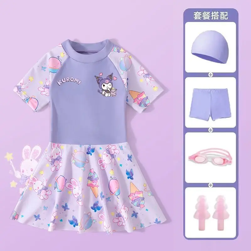 Maillot de bain Kawaii Melody Cartoon pour enfants, maillots de bain Kuromi, maillots de bain d'été pour filles, bikini de vacances, vêtements d'entraînement de natation, séchage rapide