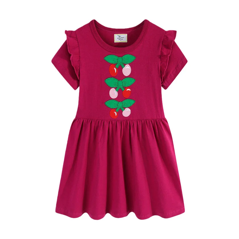 

Jumping Meters Girls Princess Dress Cherry Embroidery Short Sleeve 2-7T Summer Party Birthday Wedding Baby Frocks Costume