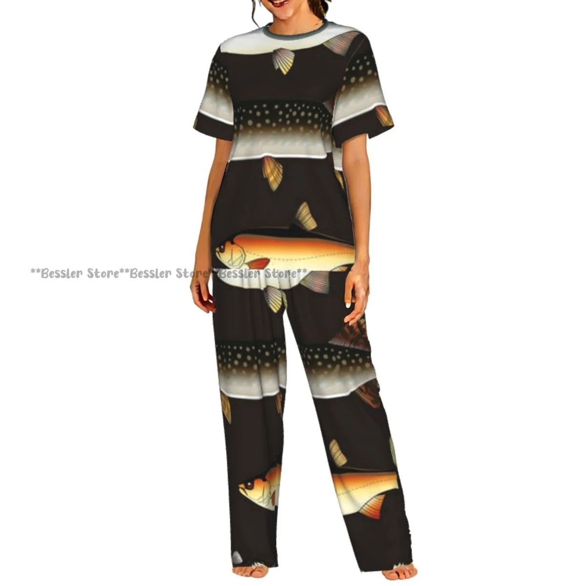 

Women's Comfort Pajamas Women's Nordic Fish Background Short Sleeve Set Sleepwear