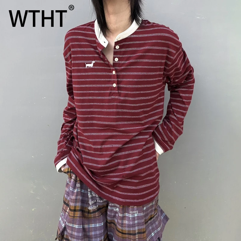 

WTHT модные мужские полосатые контрастные цветные футболки с вышивкой, модные повседневные топы с круглым вырезом и длинными рукавами, мужские осень 2023, 2A1674