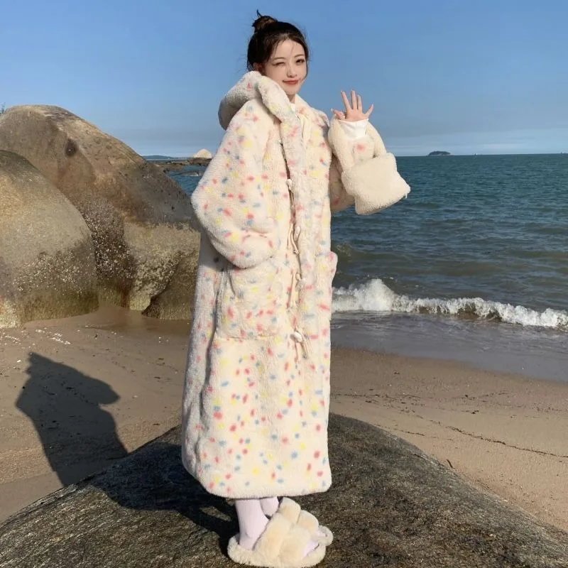 Environmentally friendly rabbit plush young and super warm cow horn button fur hooded fur coat for women's winter thick fur coat