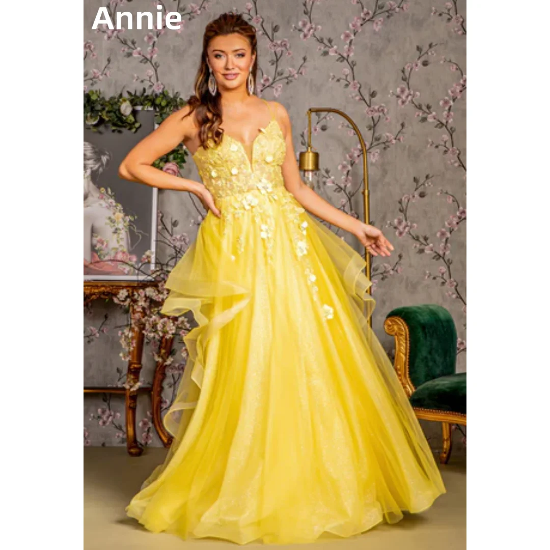 Annie-Robe de Mariée Jaune Élégante, Broderie en Dentelle, Appliques 3D, Robes de Bal, Corset en Tulle Pailmétrage, Robes sur Mesure pour Occasions