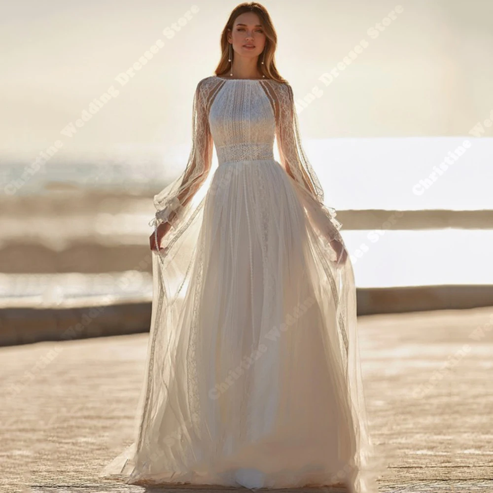 Hoogwaardige Tulle Dames Bruidjurken Sexy Kanten Lange Mouwen A-Lijn Dweilen Trouwjurken Formele Sweet Strandfeestkleding