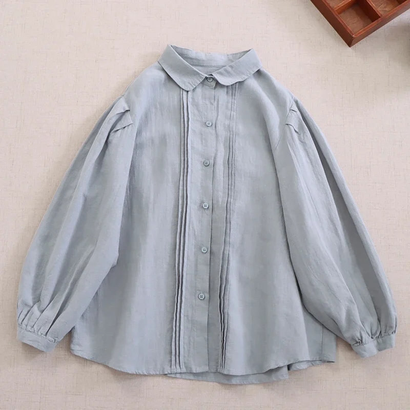 Japan Style Mori Girl Retro Cotton Linen Blouse Loose Shirt Women Turn Down Collar Lantern Sleeve Casual Blusa Feminina Tops