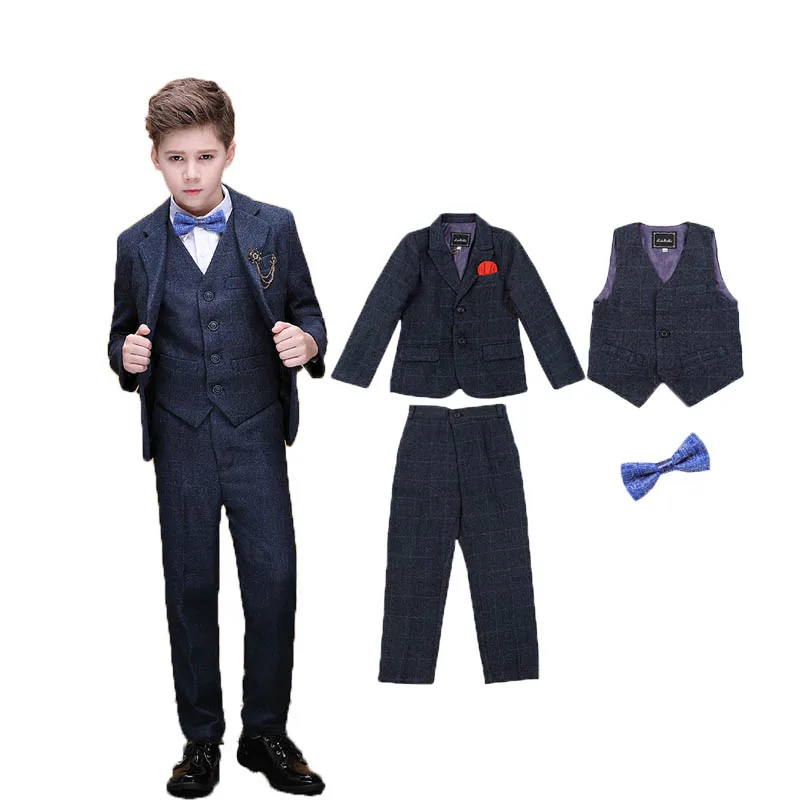 Children 4Pieces/Set Jacket Vest Pants Bowtie Wedding Dress Boys Photograph Suit Kids Graduation Stage Show Birthday Costume