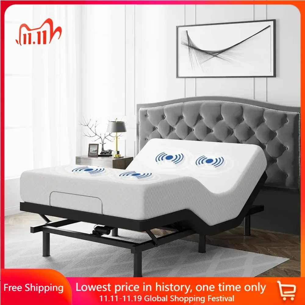 Queen Size Adjustable Bed Frame, Remote & Massage, Dual Side USB, Nightlight, Quiet Motor, Wireless Remote, Electric Bed Frame