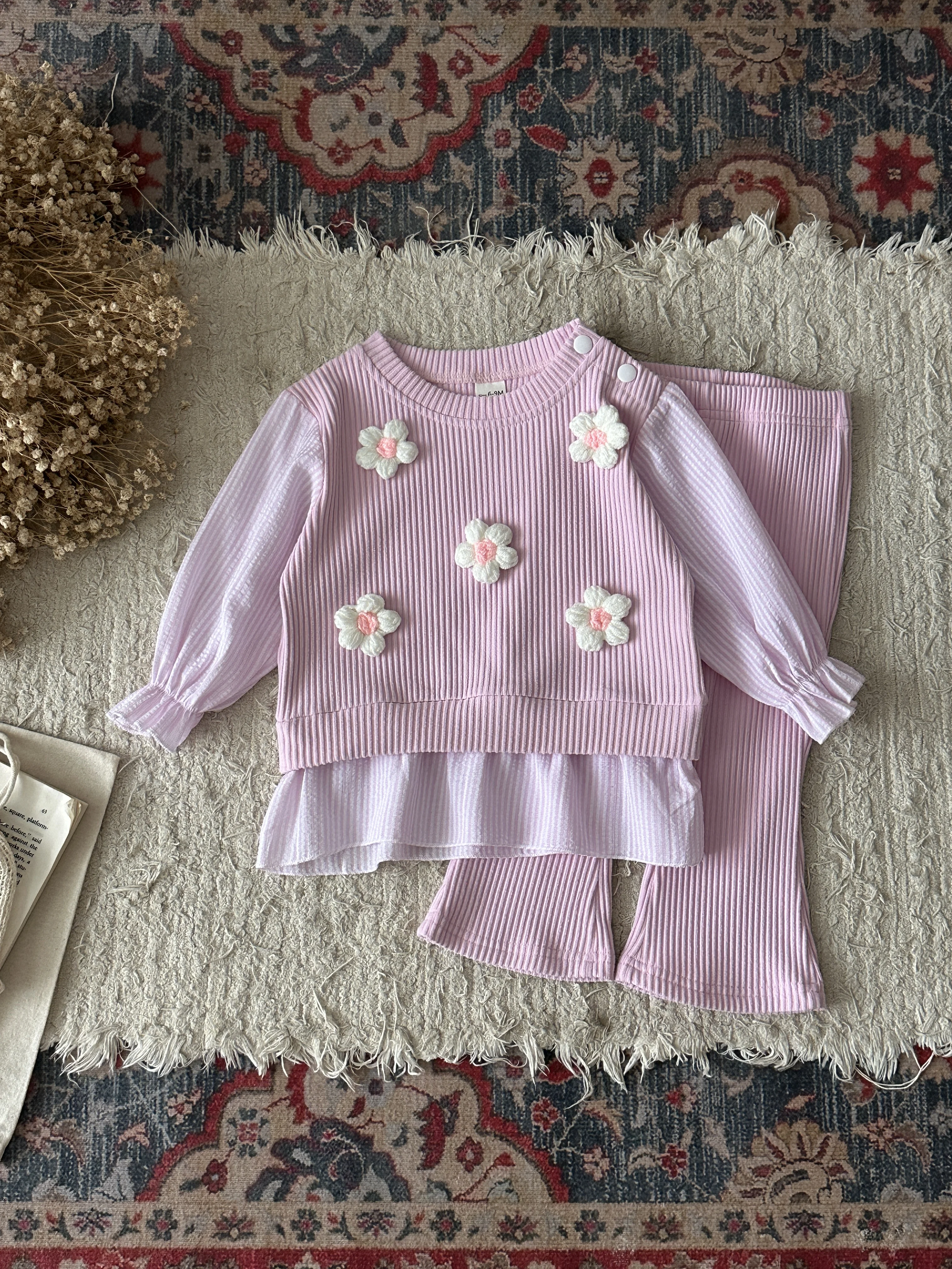 Spring Autumn Baby Pink Ribbed 3D Flower Spliced 2PCS Set, Girls Puff Sleeve Ruffle Hem Top Flare Pants Sweet Outfit