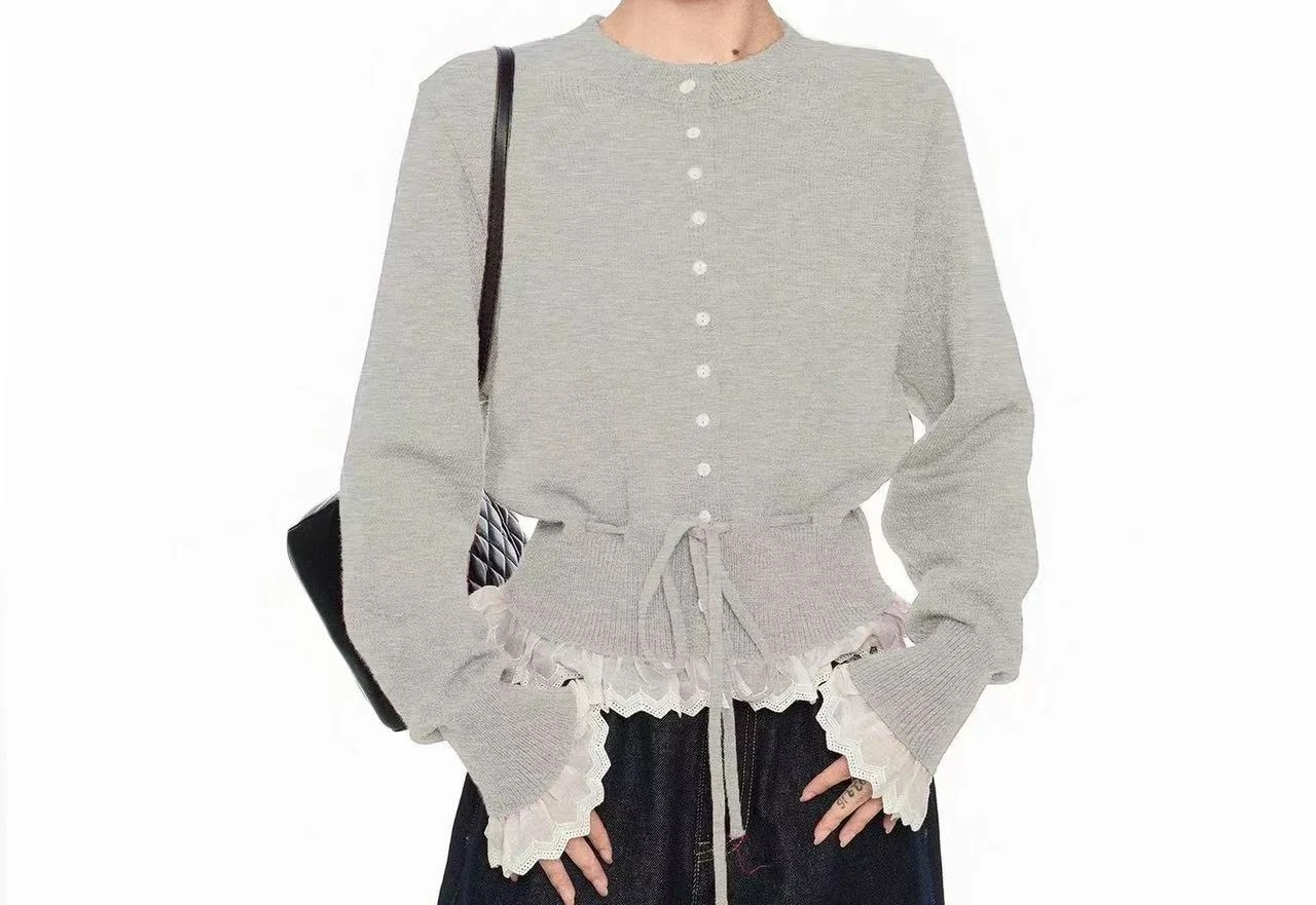 

Grey Fake Two Piece Lace Knit Sweater Women's Autumn and Winter Short Cardigan Jacket Top