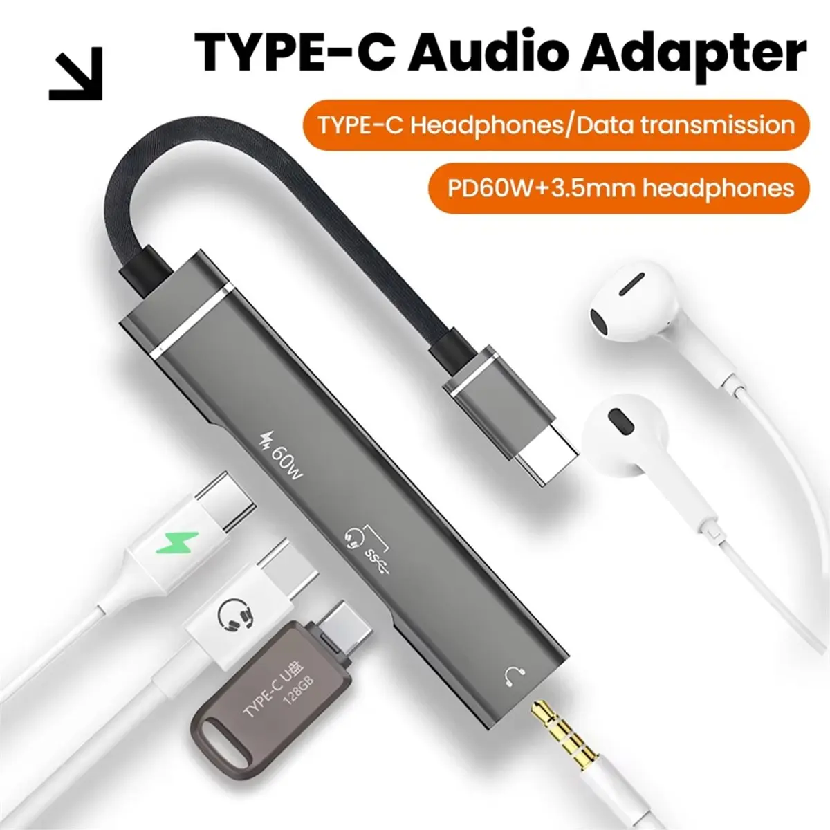 Nouvel adaptateur audio 3.5 Type-C HUB Splitter 2026 pour convertir les téléphones mobiles et tablettes en audio numérique et analogique A