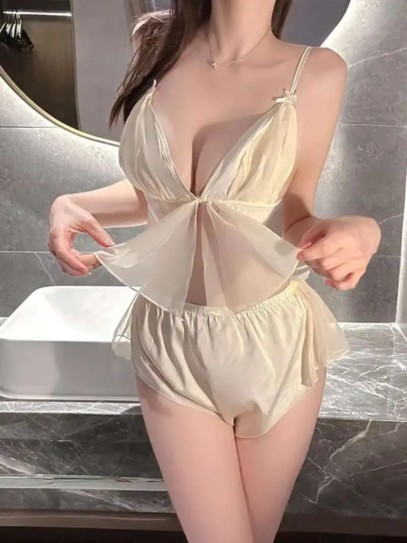 

Комплект милых шорт, сексуальное нижнее белье, женское летнее нижнее белье из ледяного шелка, тонкий стиль, сексуальная одежда для сна, кружевной прозрачный комплект 2024, новинка Sweet 9NTI