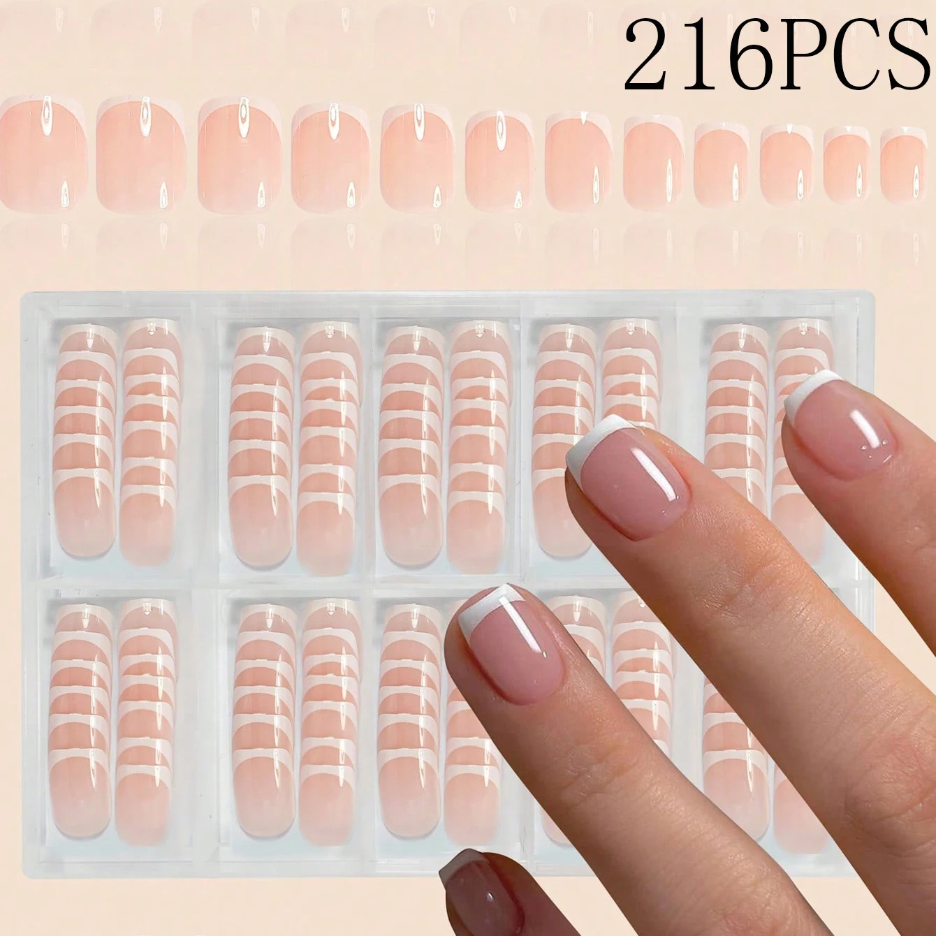 

216 шт./кор., белый французский остроконечный пресс для ногтей, короткий квадратный накладной пресс для ногтей, акриловый голый розовый пресс для ногтей, подходит для женщин