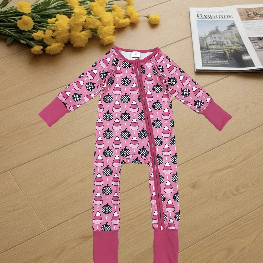 

8.27 Baby Winter Rompers Baby Girls Fall Pumpkins Candy Plaid Zipper Footie Rompers