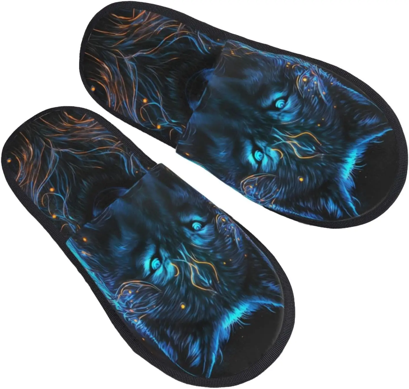 Cool Blue Light Wolf Print Women'S Fuzzy Slip On Indoor Outdoor Winter House Slippers Guest Slippers for Bedroom Women Print