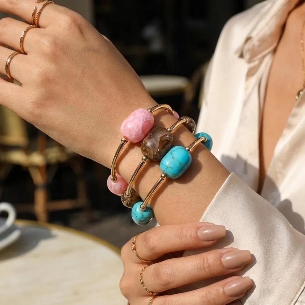 Bohemian Style Resin Bead Bracelets Multi-Color Irregular Stackable Bangles Marbled Plated Bracelet Set Daily Wear