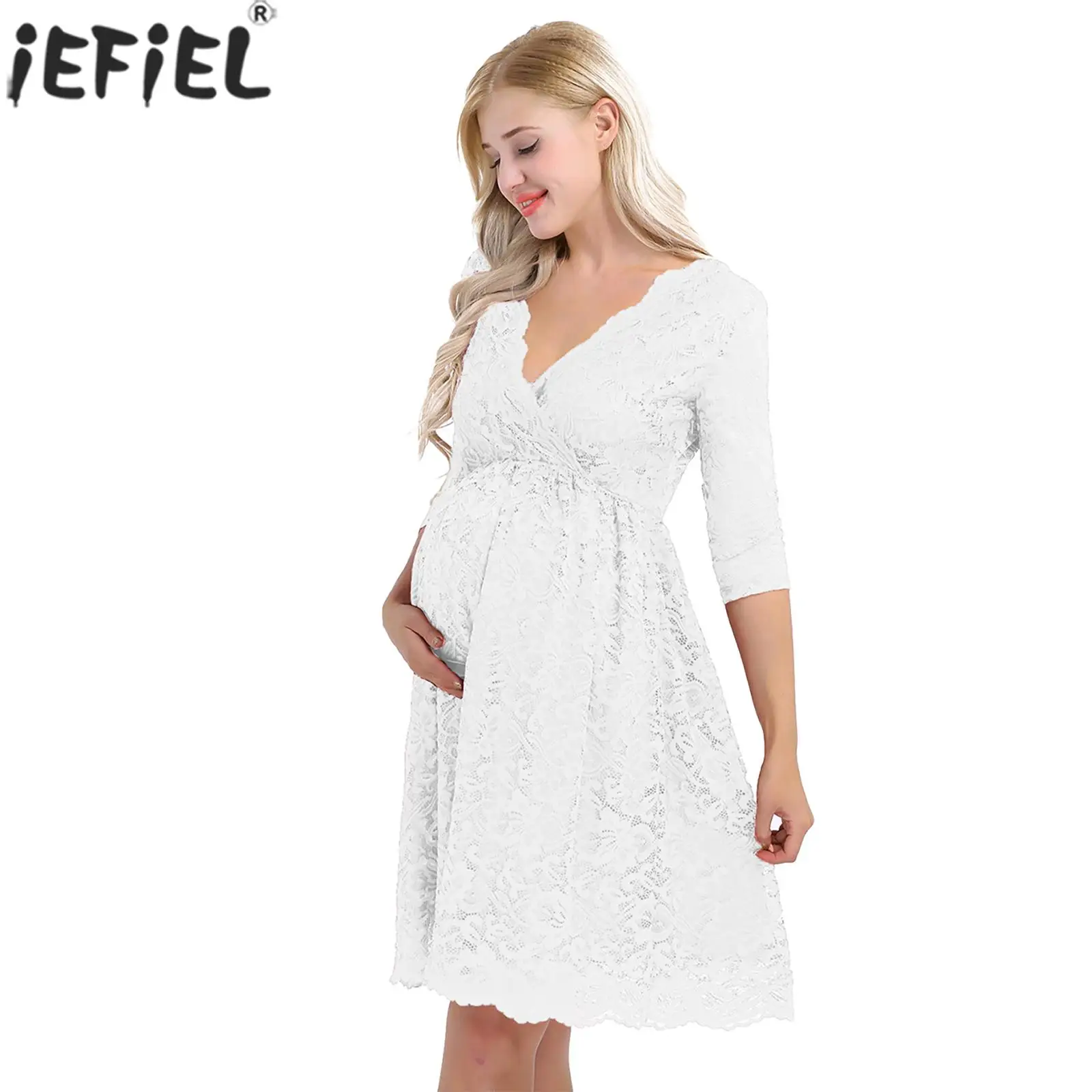 

Maternity Photography Floral Lace Dress Pregnant Women Half Sleeve V Neck Formal Party Dresses for Wedding Birthday Evenning