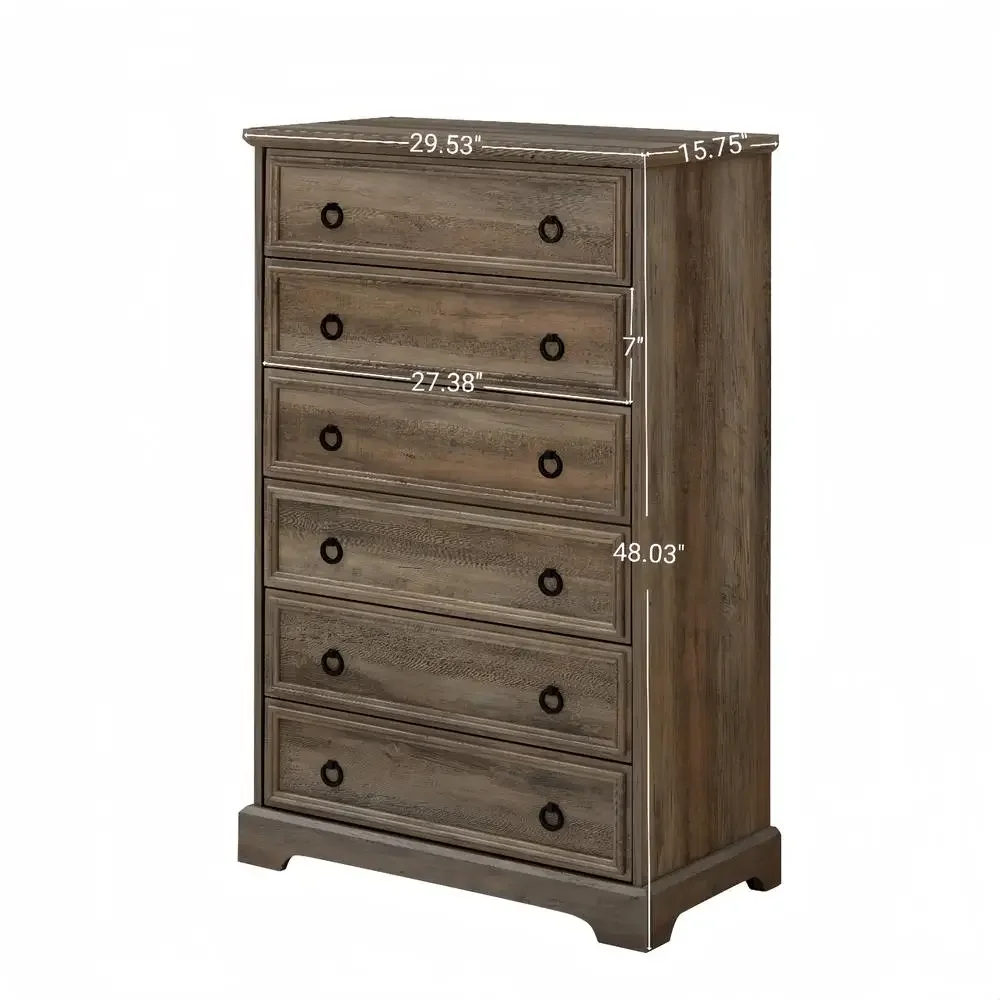 6-Drawer Tall Dresser Chest Wood Cabinet Bedroom Organization Gray Wash Smooth Gliding Drawers Sturdy Construction Easy Assembly