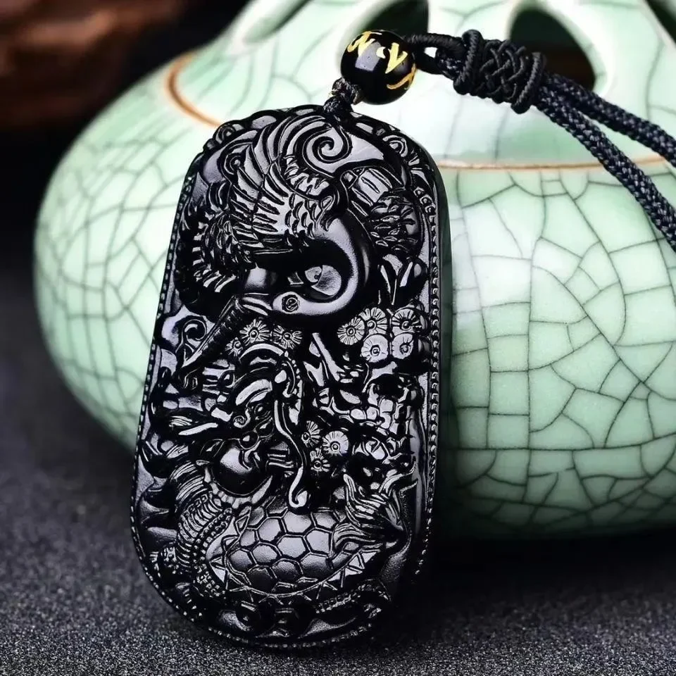 

Fashion Obsidian Dragon Turtle Crane Pendant Necklace Jewellery Chinese Hand-Carved Healing Women Man Luck Gift Sweater Chain