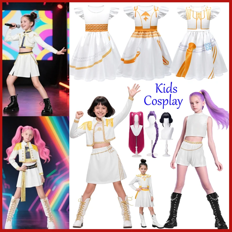 

Kpop Demon Hunters Girl Cosplay Costume 3D Printed Movie Character Mira Rumi Zoey Kids White Singing Suit For Carnival Party