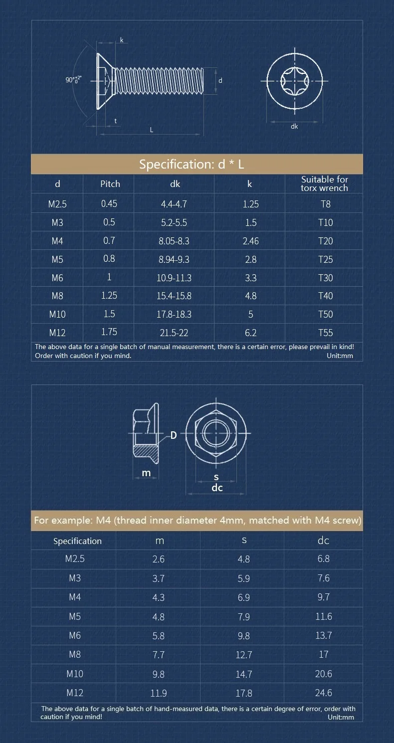 M2.5 M3 M4 M5 M6 M8 M10 M12 304 Stainless Steel Six-Lobe Torx Flat Countersunk Head Screw Bolt And Serrated Flange Nut Set