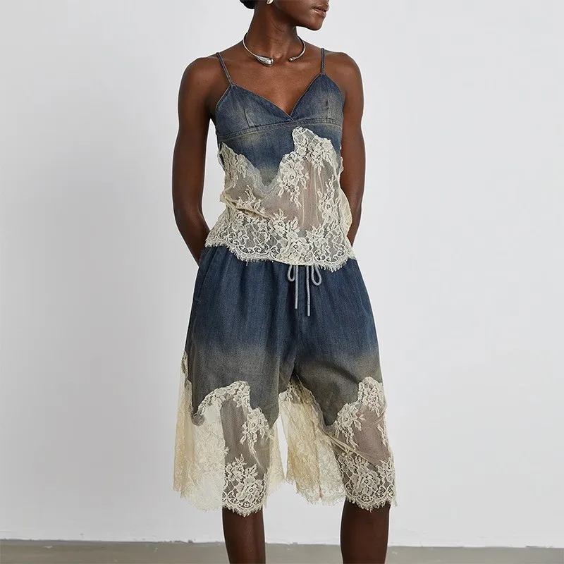 2026 Early Run! New Style Lace Roll Erotogenic Camisole Top + Fashionable High-end Denim Shorts Two-piece Set For Women