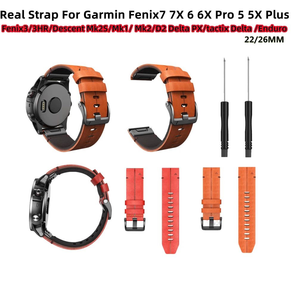 22 26mm Genuine Leather Replaceable Strap Wristband For Garmin Fenix5 5XPlus 6 6XPro 7 7X Instinct 2 Quick Release Watch Band